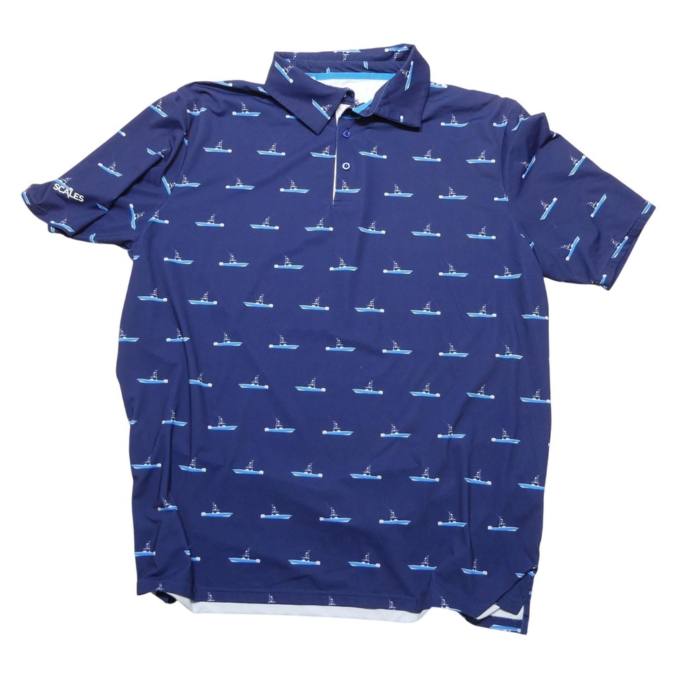 Scales Fishing Boat Graphic Print Polo Shirt Mens XL Blue Short‎ Sleeve Nautical
